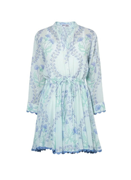 aqua and white dress Long Sleeve Beach Dress Ginkgo Print & Ric Rac Aqua/Blue – APOELLA