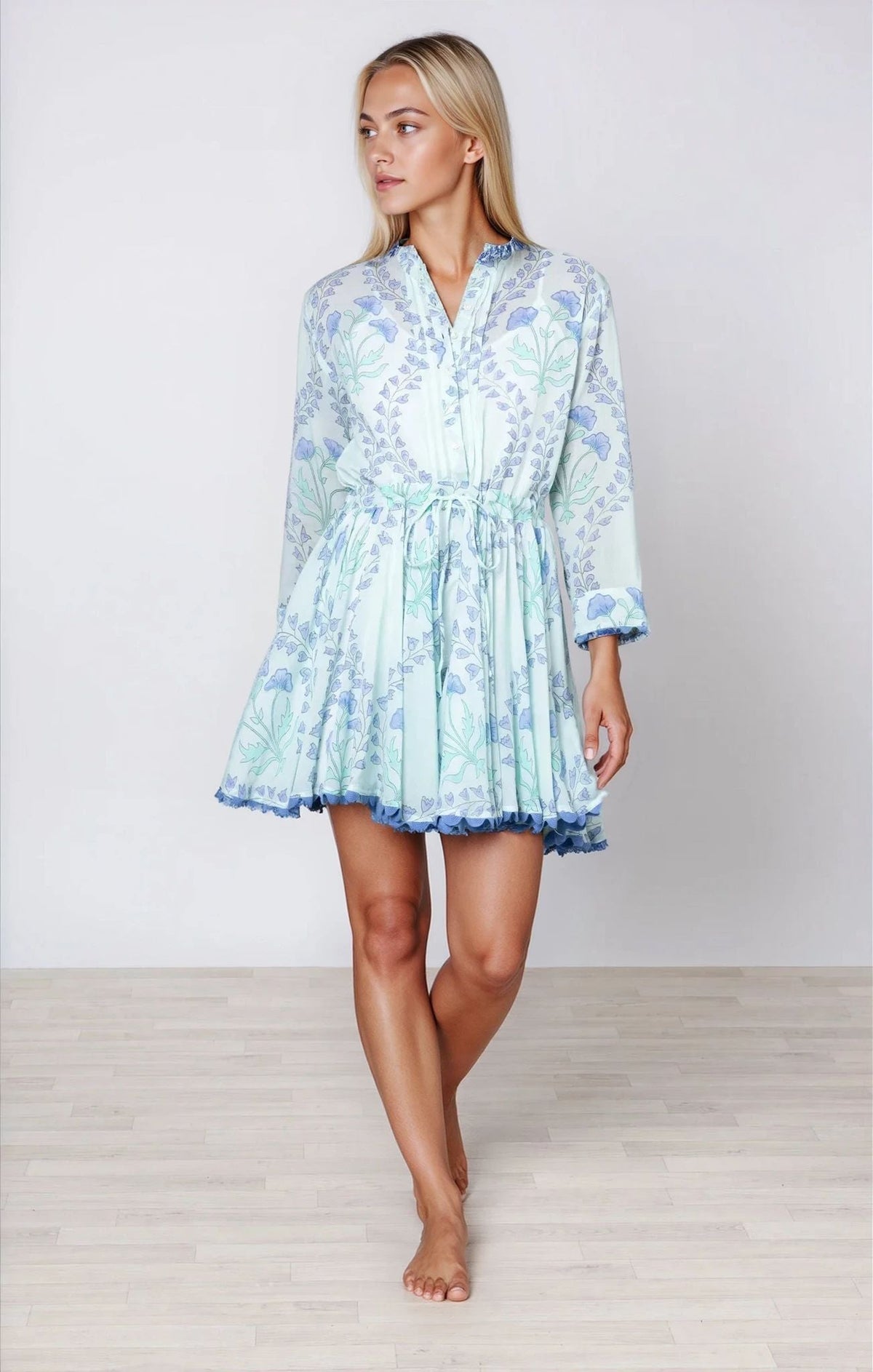 Long Sleeve Beach Dress Ginkgo Print & Ric Rac Aqua/Blue APOELLA Long Sleeve Beach Dress Ginkgo Print & Ric Rac Aqua/Blue APOELLA
