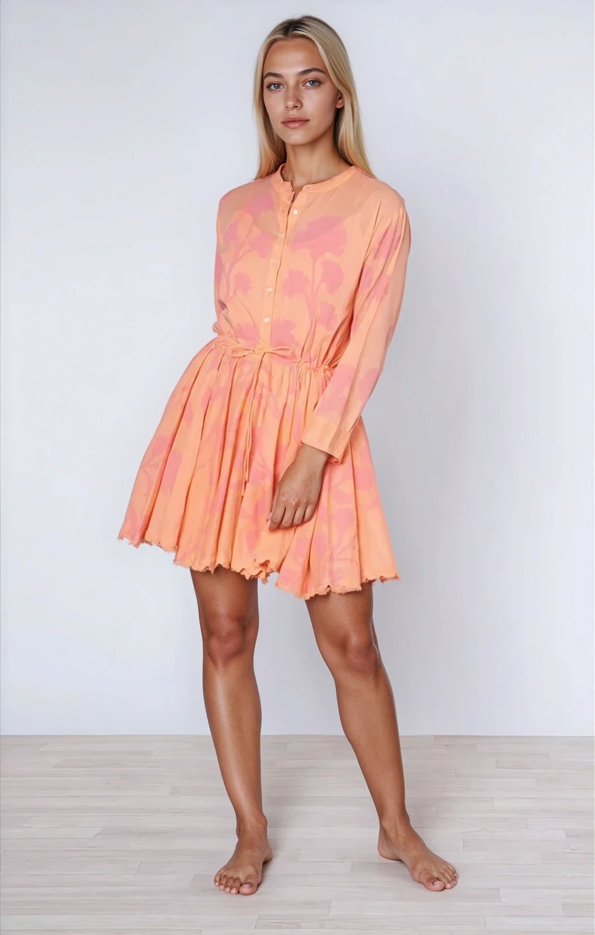 Long Sleeve Beach Dress Majorelle Print Peach Pink – APOELLA