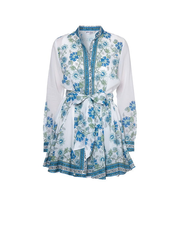 Dresses Juliet Dunn Long Sleeve Godet Dress Rose Border Print White/Blue/Aqua Apoella