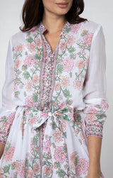 - Long Sleeve Godet Dress Rose Border Print White /candy/peach Apoella