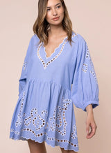 Dresses Juliet Dunn Loose Mini Dress Oversized Cutwork Embroidery Blue/White Apoella