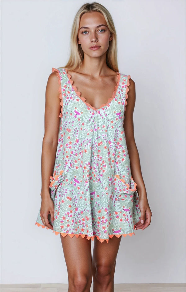 Dresses Juliet Dunn Low Back Dress Ditzy Block Print With Ric Rac Aqua/Neon Red ONE SIZE / Aqua Neon Red Apoella