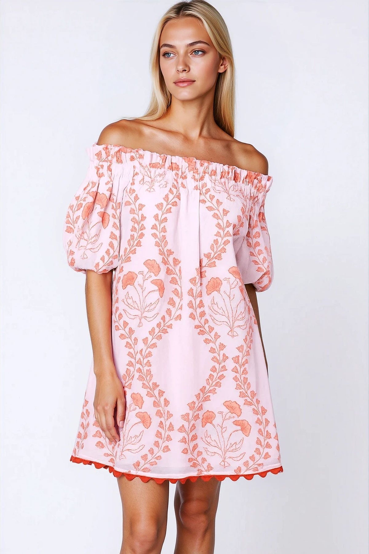Off-shoulder Mini Dress Ginkgo Block Print & Ric Rac Pale Pink/Red – APOELLA