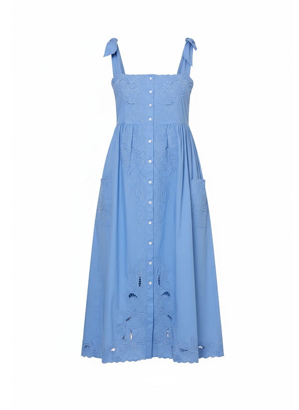 Dresses Juliet Dunn Poplin Tie Shoulder Dress With Cut-out Embroidery Periwinkle Apoella