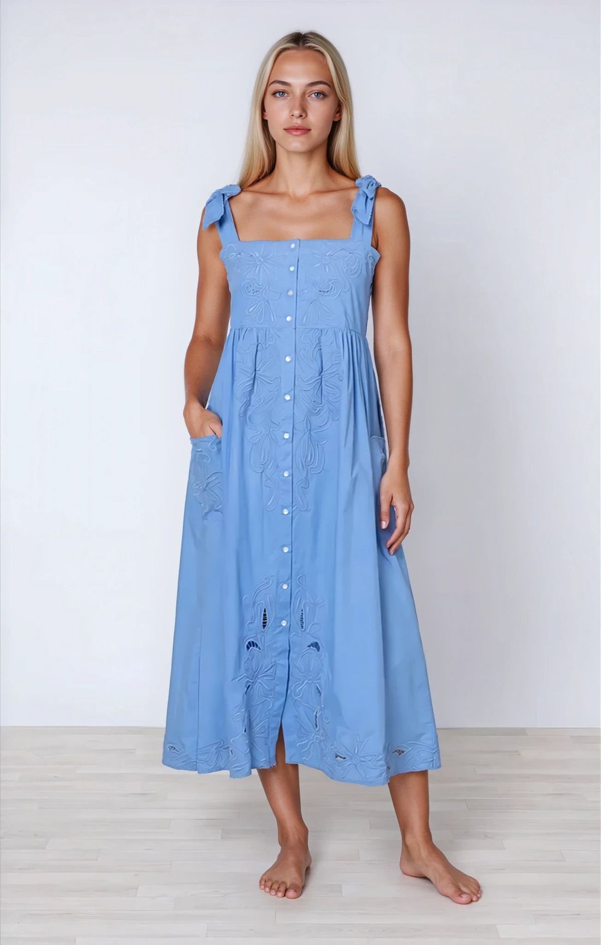 sachin and babi light blue dress Juliet Dunn Mink Tie Back Dress - Cream Embroidery main image 1