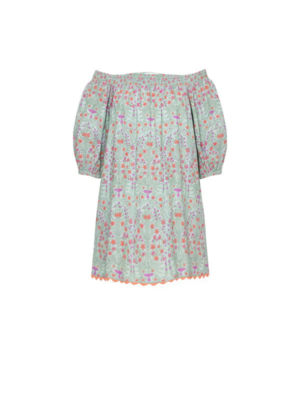 Dresses Juliet Dunn Shirred Boho Dress Ditzy Print With Ric Rac Aqua/Neon Red ONE SIZE / Color Apoella