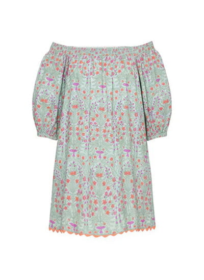 Dresses Juliet Dunn Shirred Boho Dress Ditzy Print With Ric Rac Aqua/Neon Red ONE SIZE / Color Apoella