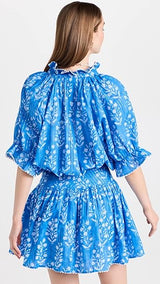 Dresses Juliet Dunn Small Flower Block Print Short Blouson Dress W. Lurex Stripe Sapphire/silver Apoella