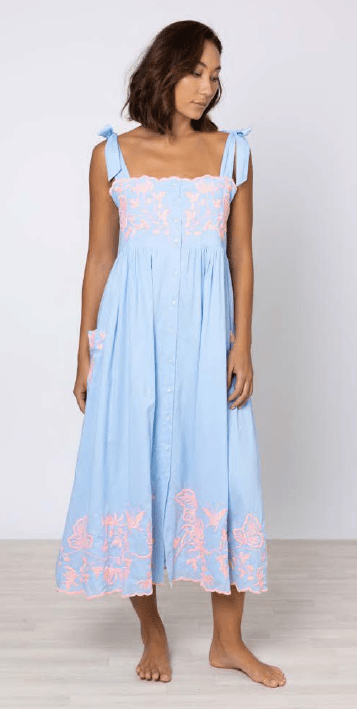 Dresses Juliet Dunn Tie Shoulder Dress With Butterfly Embroidery Blue/Neon Pink Apoella