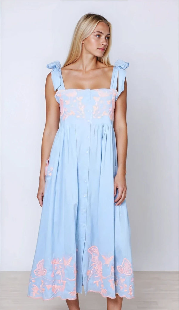 Dresses Juliet Dunn Tie Shoulder Dress With Butterfly Embroidery Blue/Neon Pink Apoella