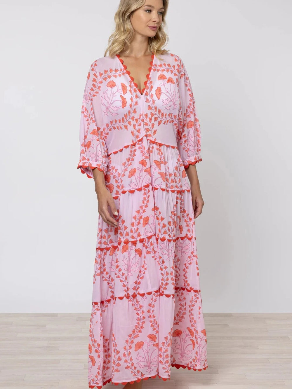 V-neck Loose Maxi Dress Ginkgo Print & Ric Rac Pale Pink/Red  APOELLA