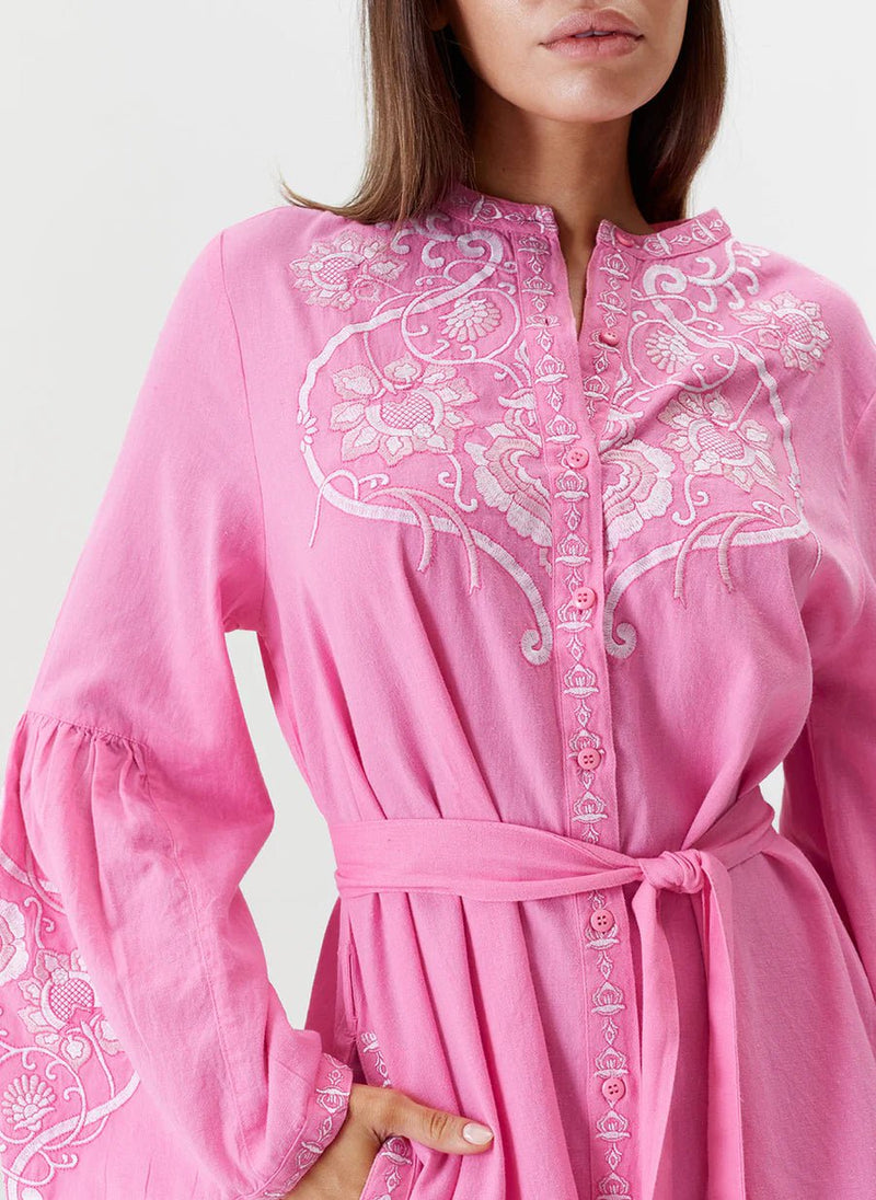 Everly Embroidered Belted Short Dress Pink/White APOELLA Everly Embroidered Belted Short Dress Pink/White APOELLA