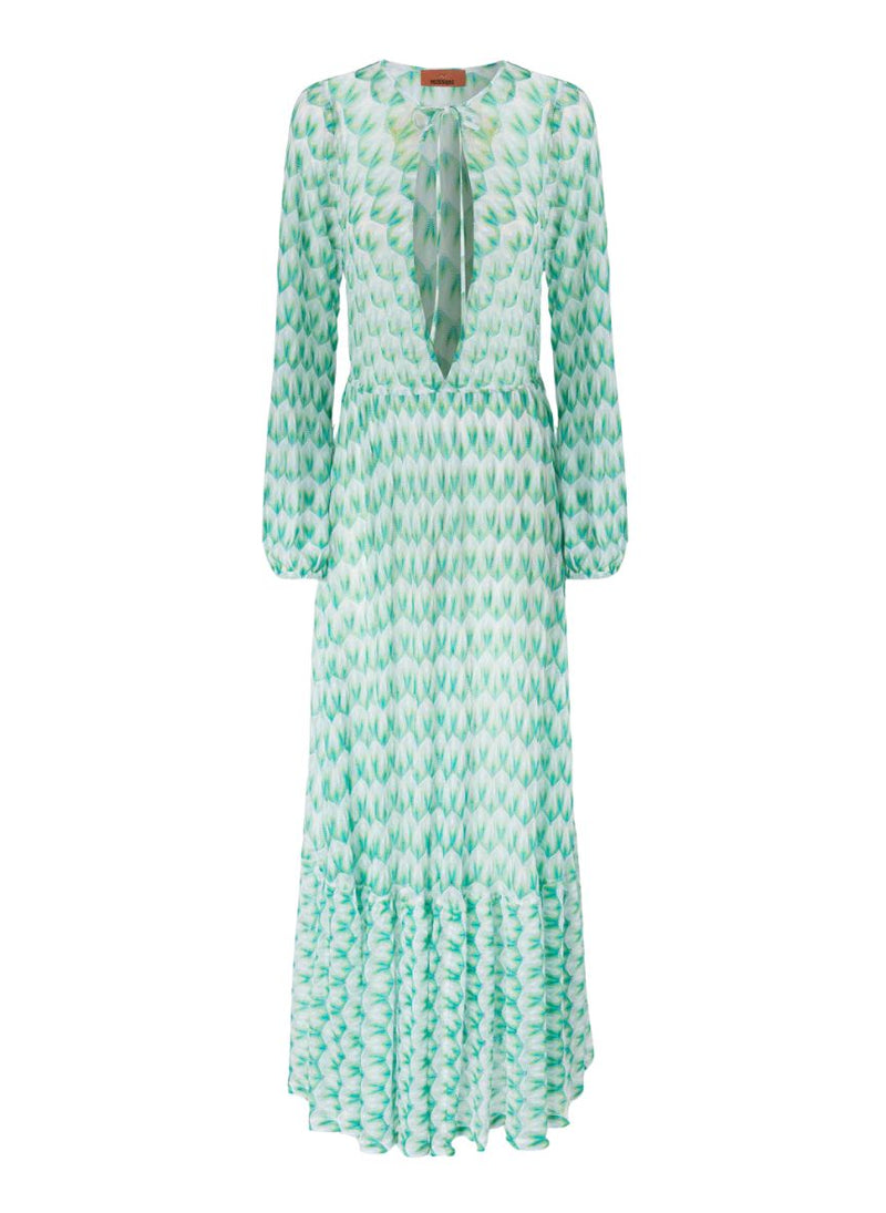 Long Floral Lace Dress With Frills Blue Green – APOELLA