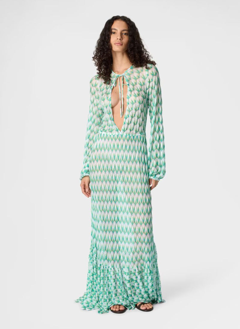 Long Floral Lace Dress With Frills Blue Green APOELLA Long Floral Lace Dress With Frills Blue Green APOELLA