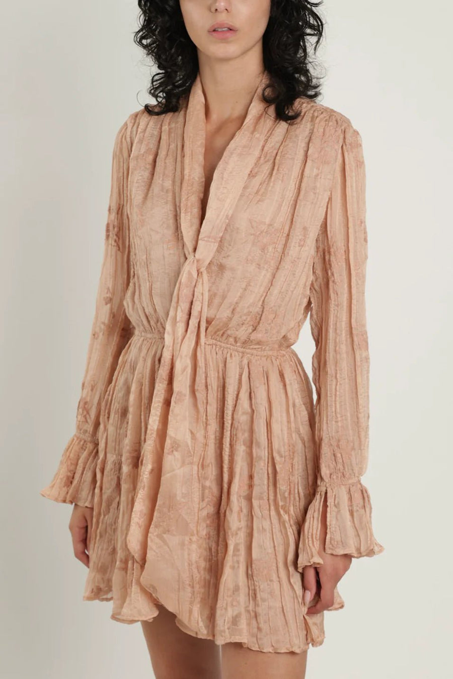 Dillon Pleated Long Sleeved Mini Dress Creme Latte Silk – APOELLA