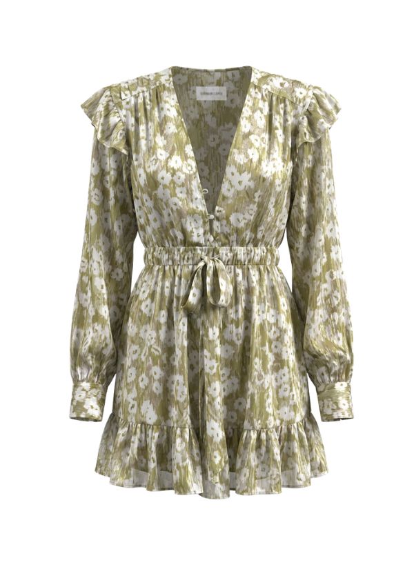 Evan Long Sleeve Short Dress Lime Floral Shiny - Sabina Musayev | Apoella APOELLA Evan Long Sleeve Short Dress Lime Floral Shiny - Sabina Musayev | Apoella APOELLA