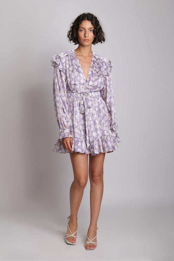 Evan Long Sleeve Short Dress Lilac Floral Shiny - Sabina Musayev 