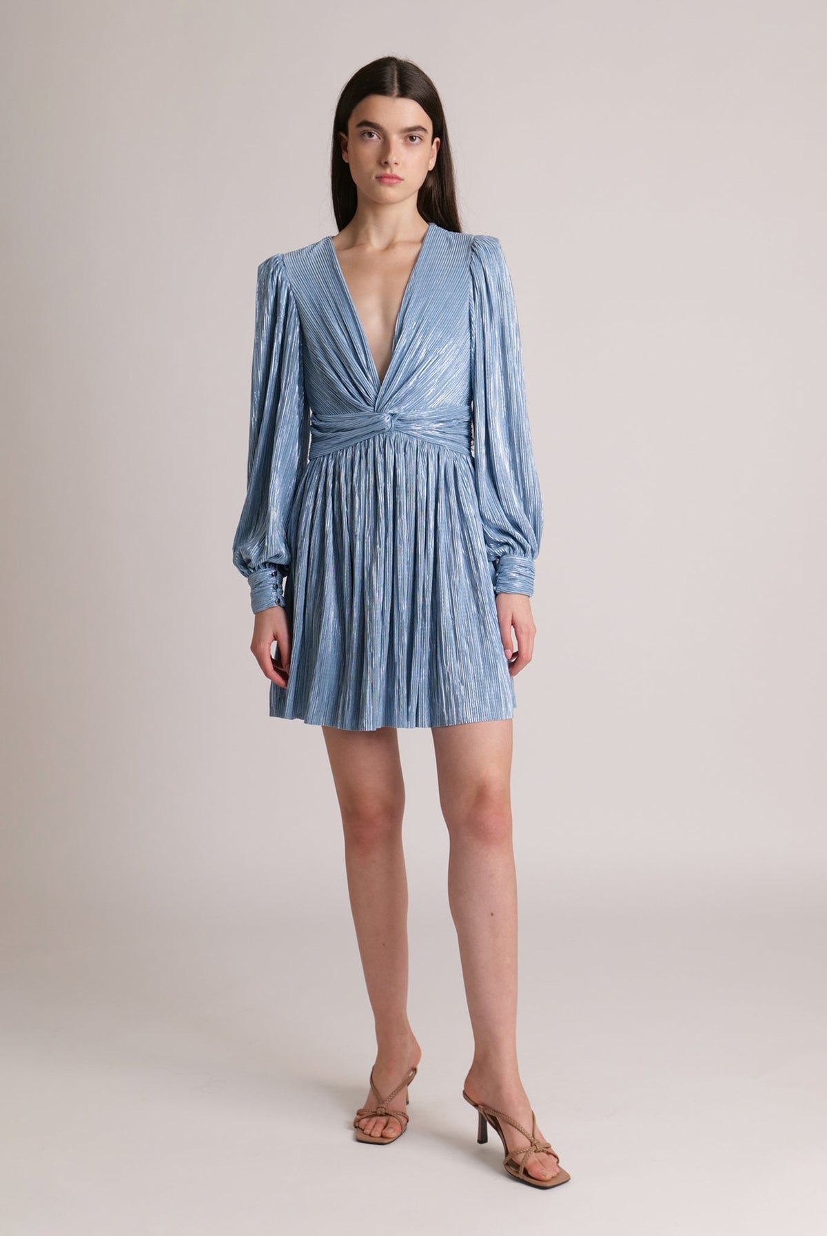 Golda Longsleeve Pleated Short Dress With Twist Blue Topaz