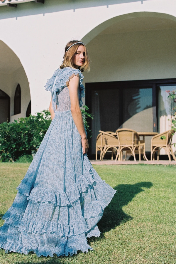 Infinity Ruffled V-neck Long Dress Aqua - Sabina Musayev