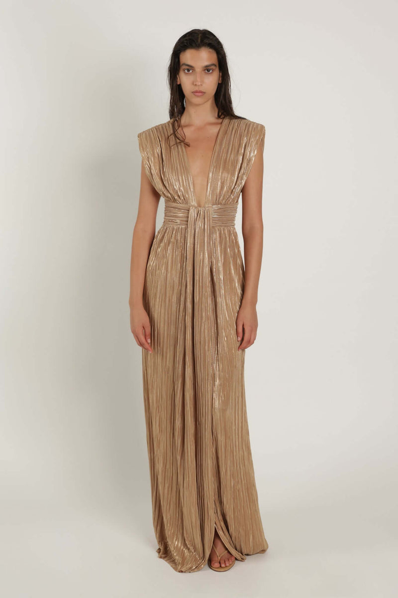 Dresses Sabina Musayev Lana Sleeveless Max Dress W. V-neckline Pecan Gold Metallic Apoella