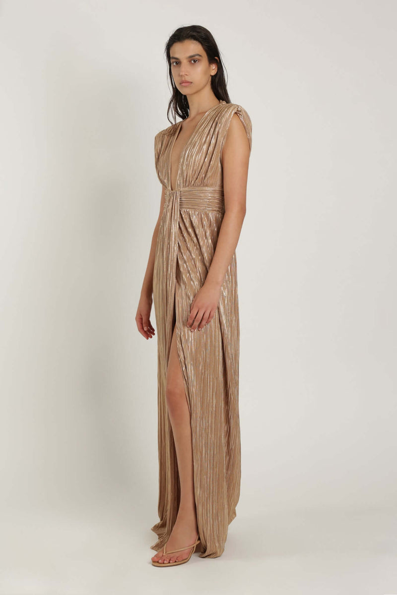 Dresses Sabina Musayev Lana Sleeveless Max Dress W. V-neckline Pecan Gold Metallic Apoella