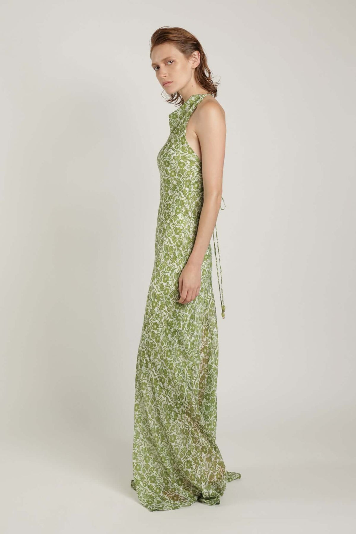 Marwa Halter Neck Maxi Dress W. Open Back Green Print Floral