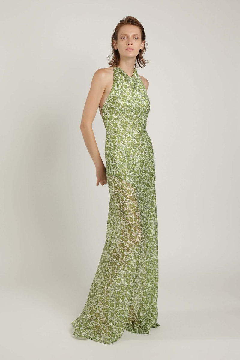 Dresses Sabina Musayev Marwa Halter Neck Maxi Dress W. Open Back Green Print Floral Apoella