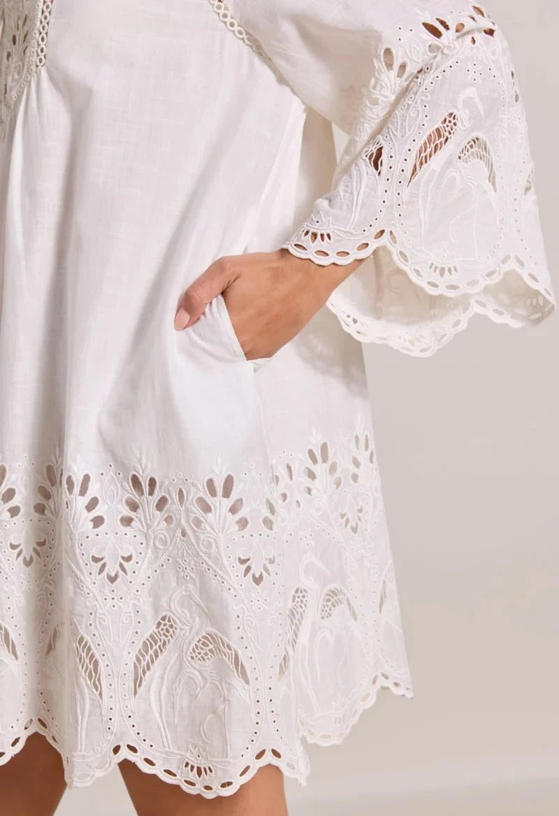 Flamingo Oasis Embroidered Short Dress Antique White Flamingo Oasis Embroidered Short Dress Antique White