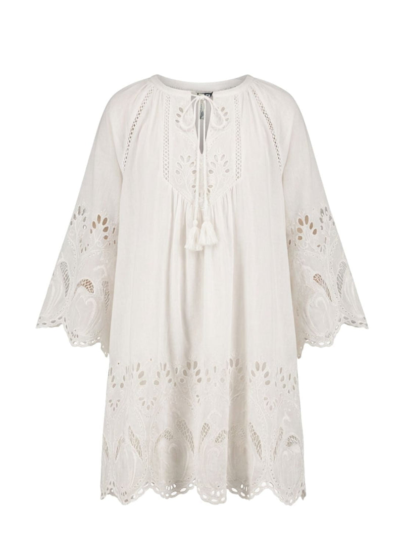 Flamingo Oasis Embroidered Short Dress Antique White – APOELLA
