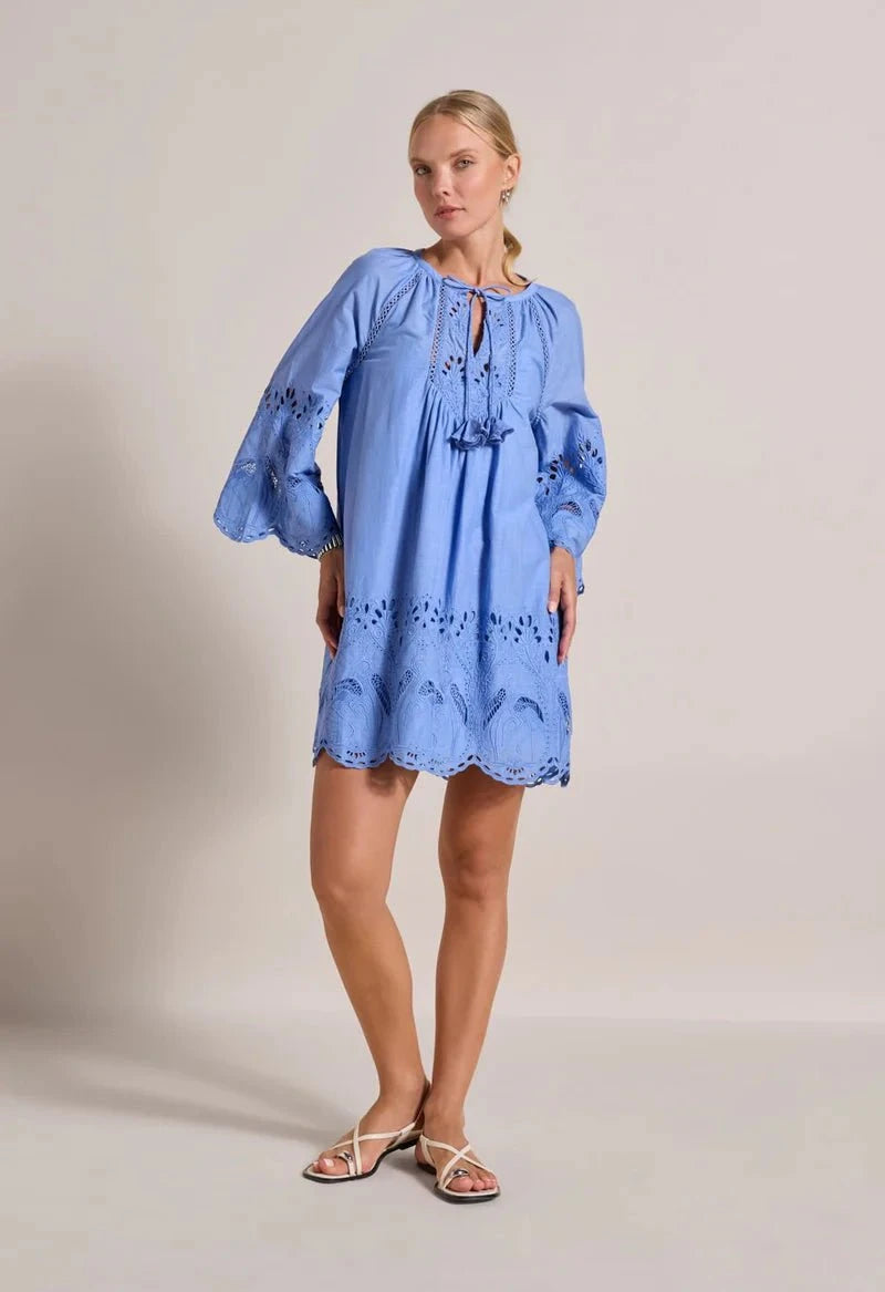 Flamingo Oasis Embroidered Short Dress Milky Blue – APOELLA