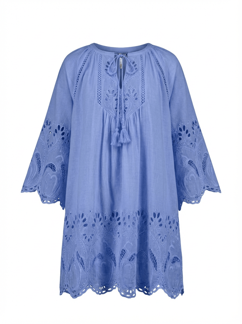 Flamingo Oasis Embroidered Short Dress Milky Blue – APOELLA