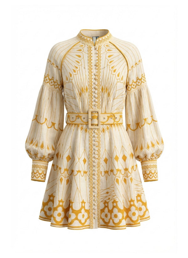 Pernilla Placement Printed Belted Short Dress Gold APOELLA Pernilla Placement Printed Belted Short Dress Gold APOELLA