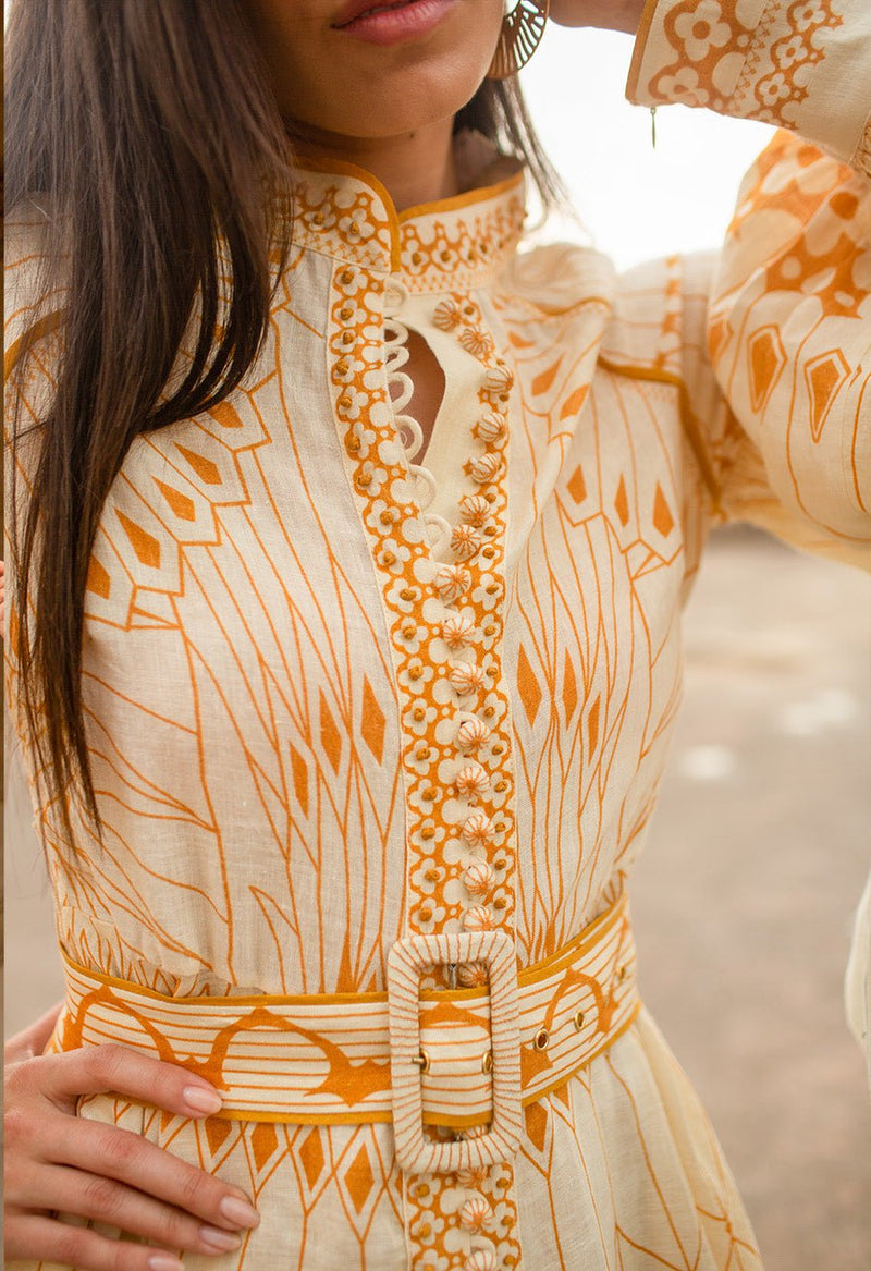 Pernilla Placement Printed Belted Short Dress Gold APOELLA Pernilla Placement Printed Belted Short Dress Gold APOELLA