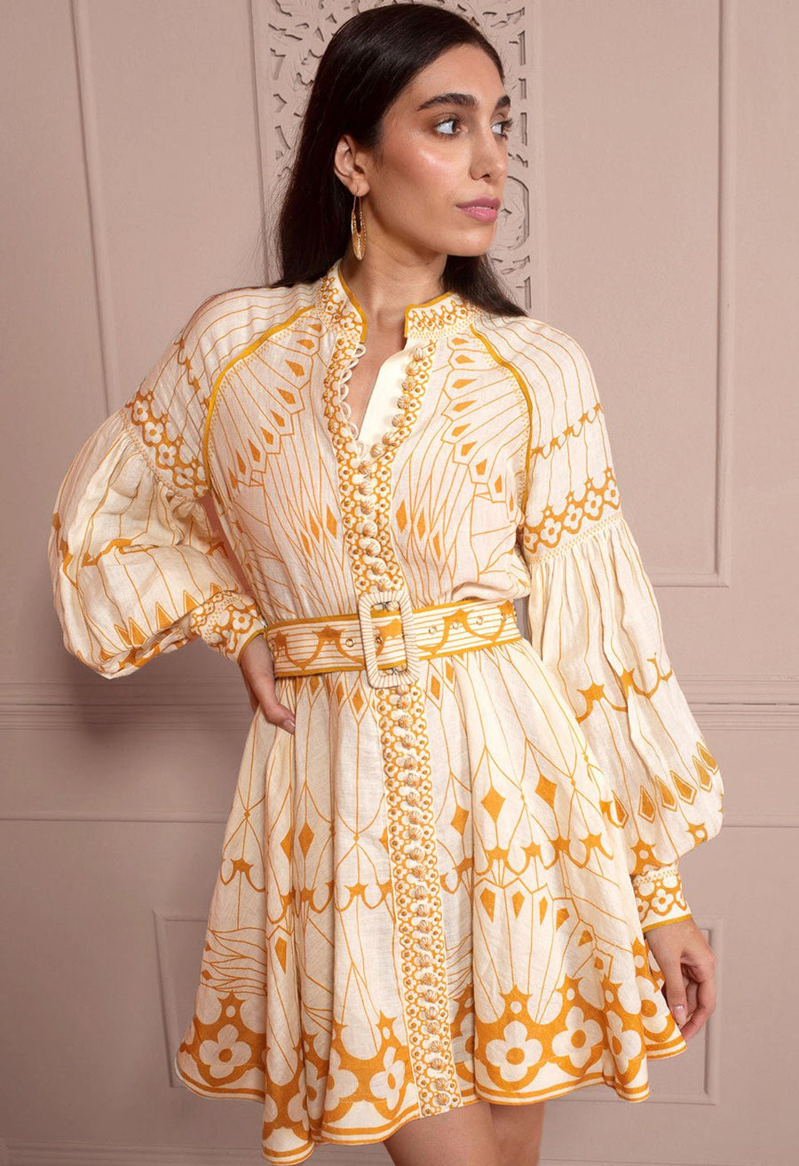 Pernilla Placement Printed Belted Short Dress Gold APOELLA Pernilla Placement Printed Belted Short Dress Gold APOELLA