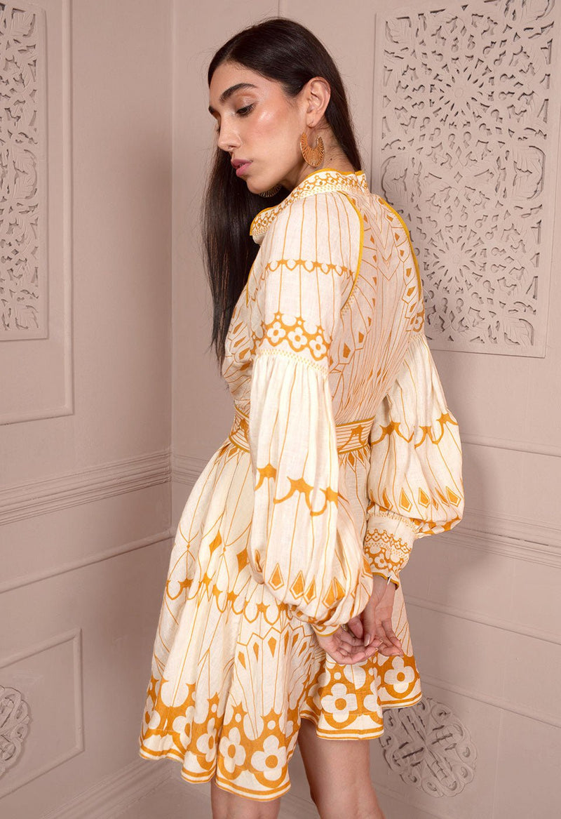 Pernilla Placement Printed Belted Short Dress Gold APOELLA Pernilla Placement Printed Belted Short Dress Gold APOELLA