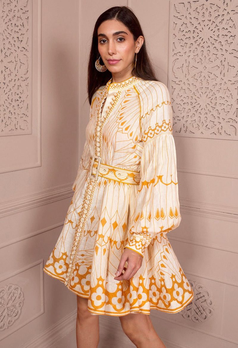 Pernilla Placement Printed Belted Short Dress Gold APOELLA Pernilla Placement Printed Belted Short Dress Gold APOELLA