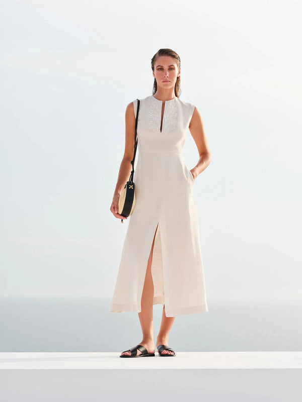 Dresses Zeus n Dione Fish Sleeveless Long Linen Dress Ivory Apoella