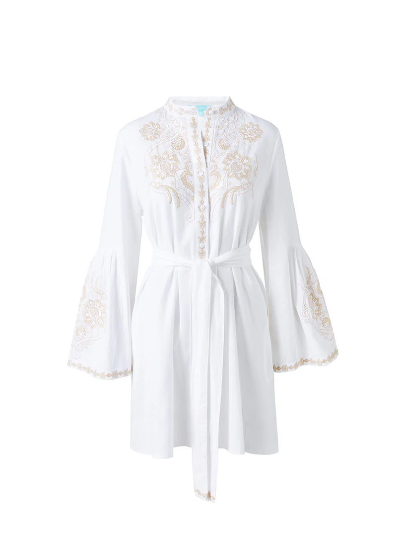 Everly Embroidered Belted Short Dress White/Tan