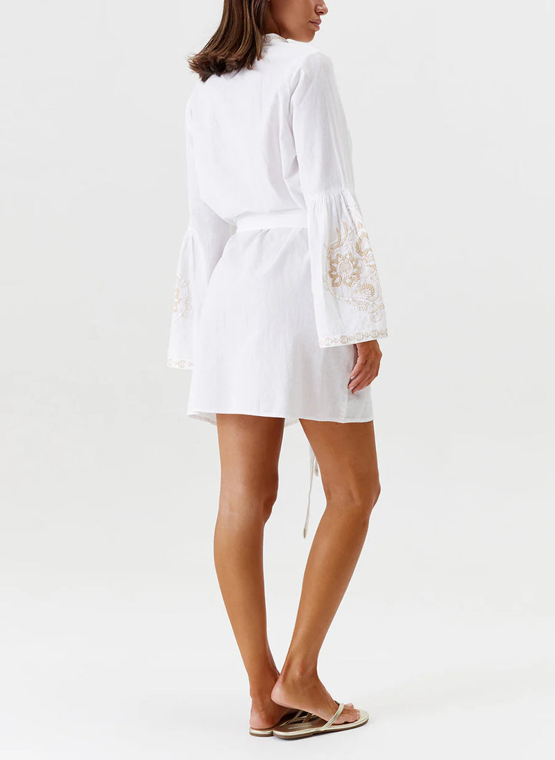 Everly Embroidered Belted Short Dress White/Tan