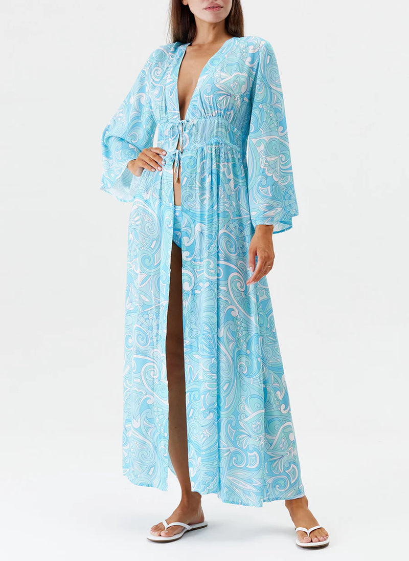 Farrah Open Front Maxi Caftan Mirage Blue