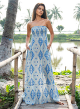 Caraway Strapless Maxi Dress Blue Ikat