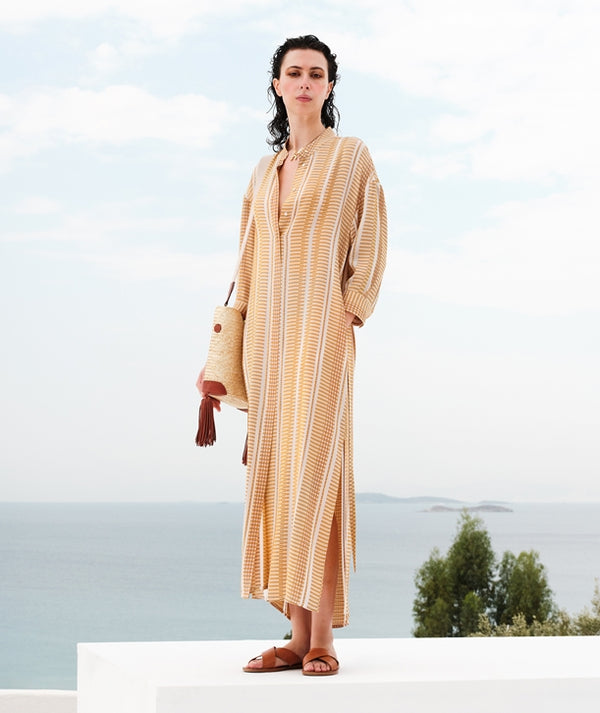Maira Long Textured Silk Shirtdress Ivory/Sun