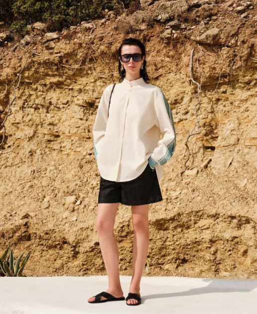 Koursaros Long Sleeve Shirt Mao Neck Ivory/Aqua