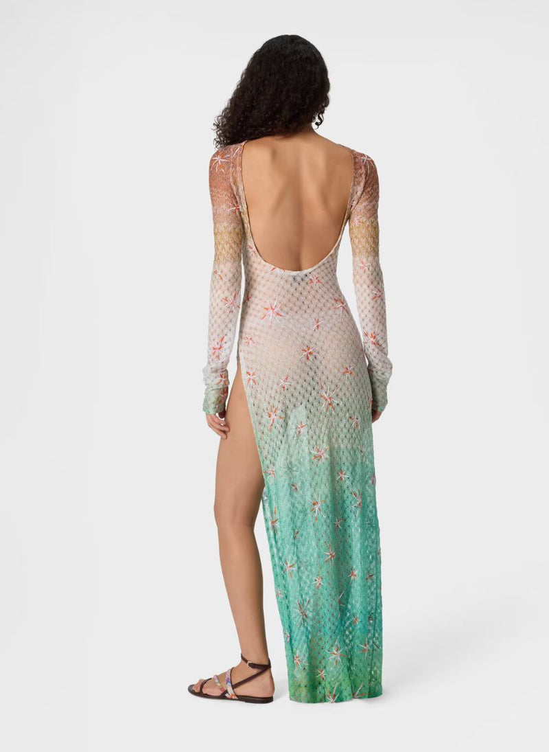 Long Cover-up Dress in Lamé Viscose with Dégradé Spiderweb Motif and E – APOELLA