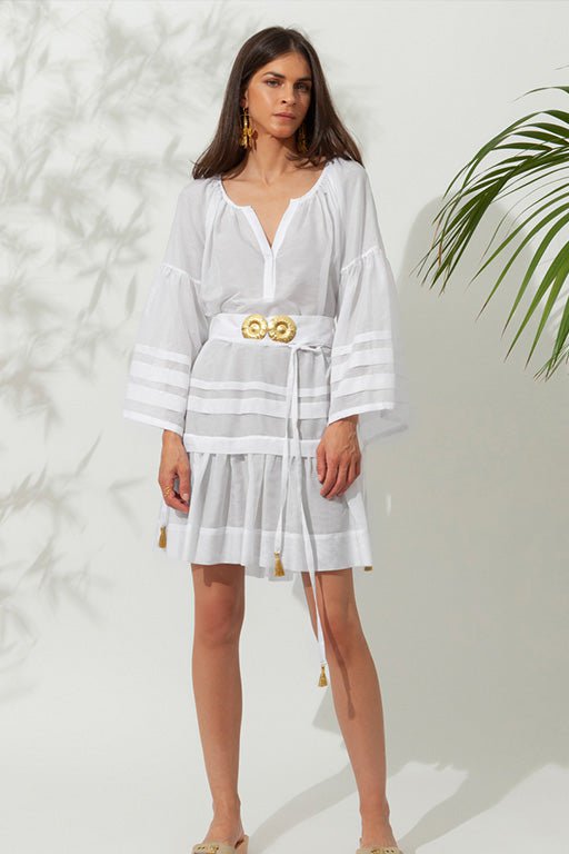 - Mykonos Mini Dress With Golden Buckles And Tassels White O/S / Color Apoella