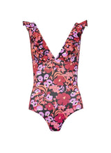 One-Piece Emmanuela Swimwear Rania V Neck Ruffled One-piece Bordeaux/Purple Flowers Apoella