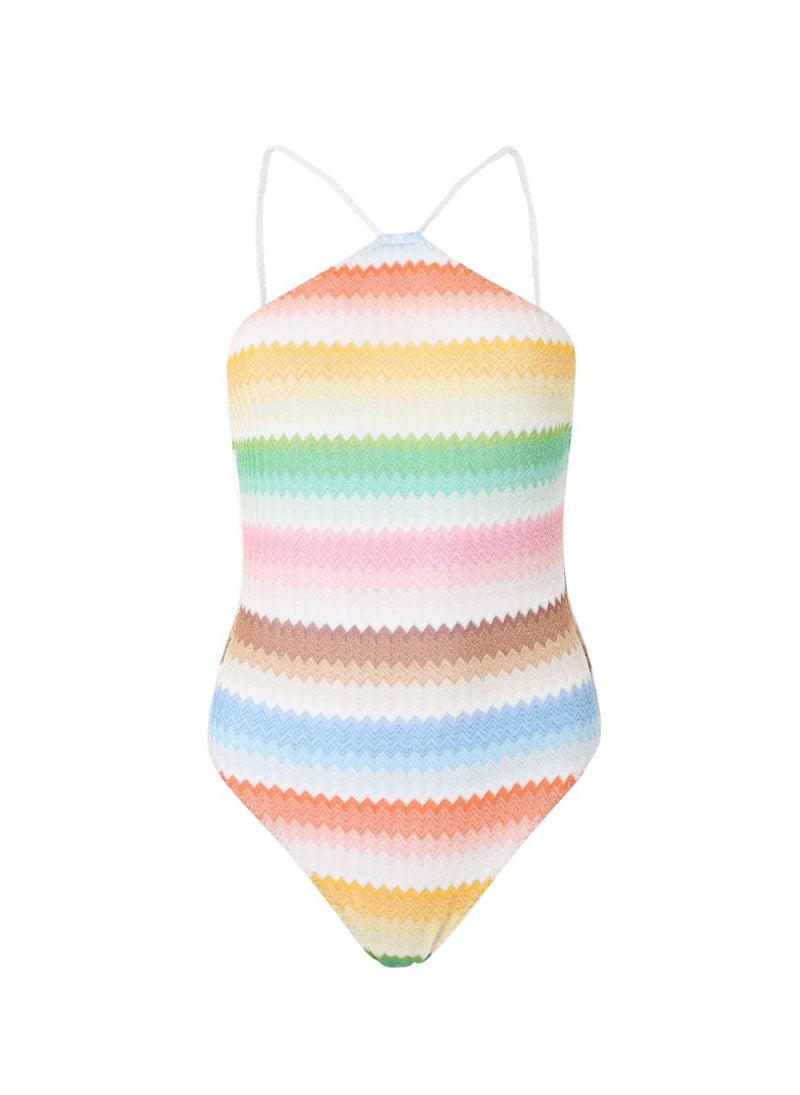 V Neck Halter One Piece Degrade Micro Chevron Lurex White Multi – APOELLA