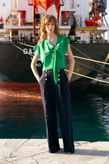 Pants Ancient Kallos Sailor High-waisted Cotton Denim Trousers Navy Blue Apoella