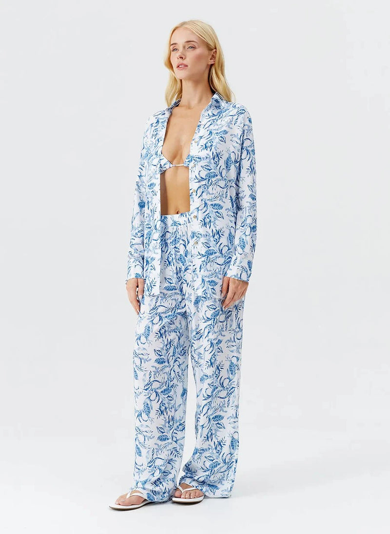 Pants Melissa Odabash Olivia Elastic Waist Straight Leg Pants Blue Leaf Apoella